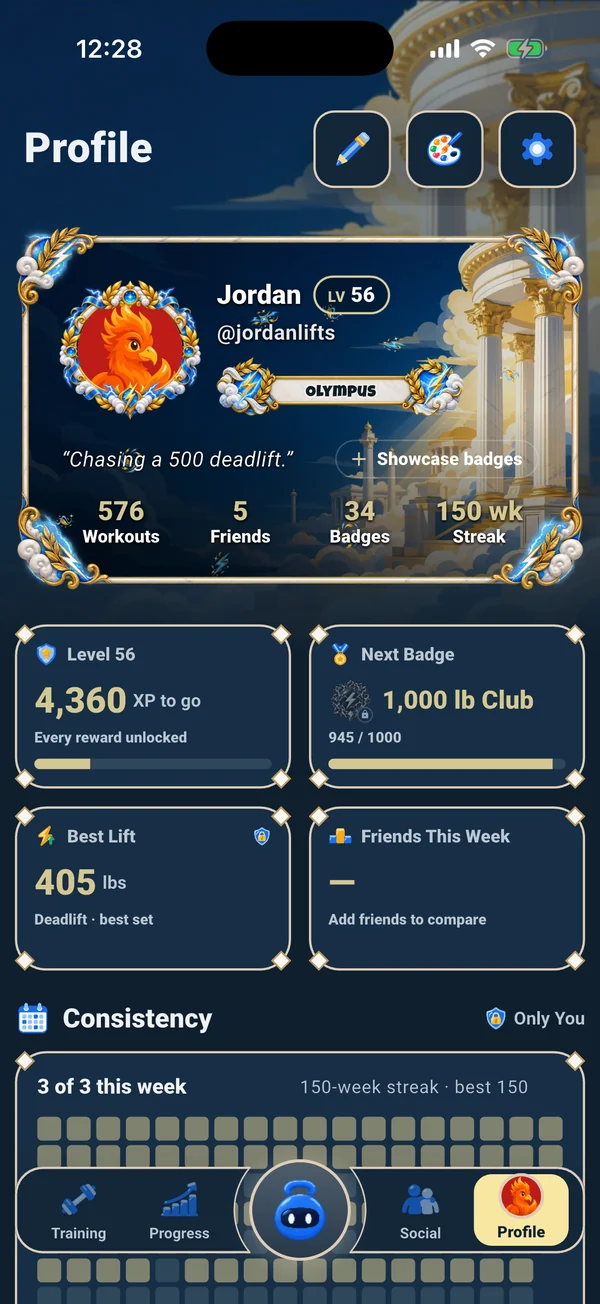 Ora's Profile tab: an Olympus-rank card with level, badges, best lift and streak