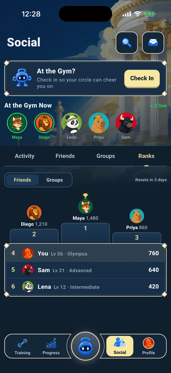 Ora's Social tab: friends at the gym and the weekly leaderboard