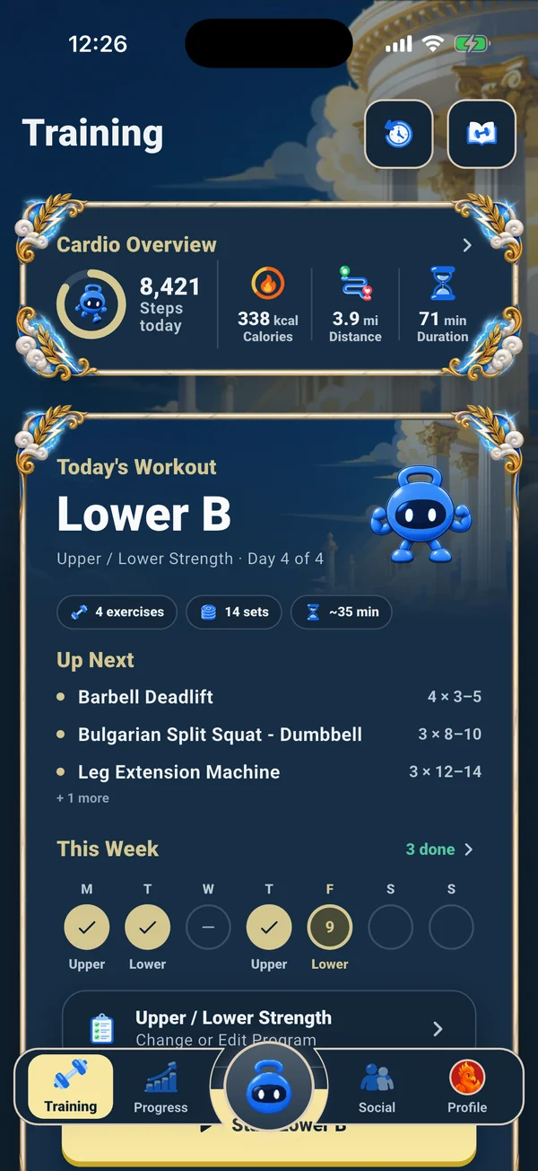Ora's Training tab: today's workout, steps and this week's sessions