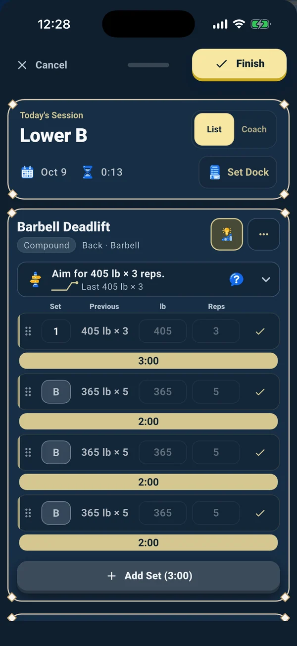 A workout in progress: last week's numbers, the next-set target and rest timers