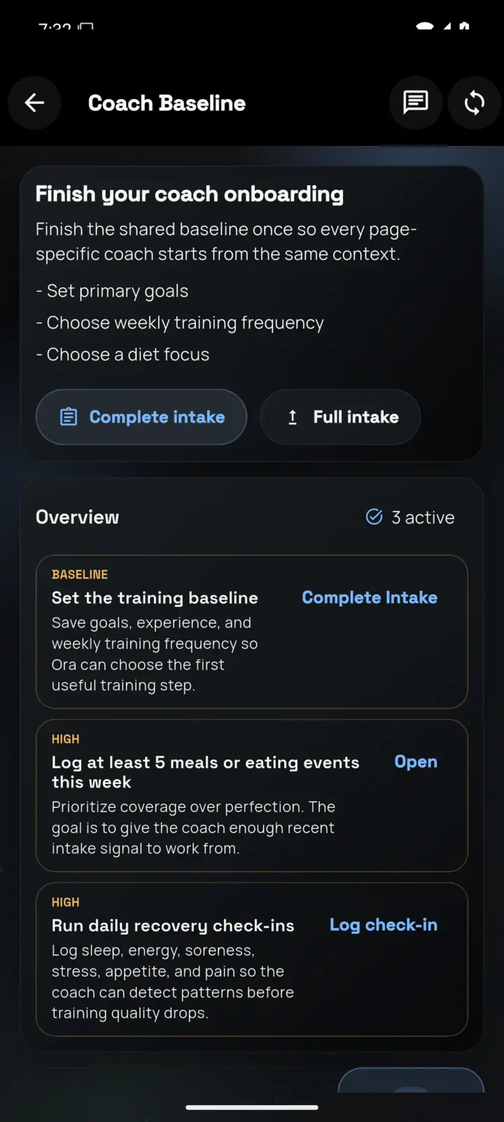 Ora coach screen showing a draft change to today's workout with a short reason.