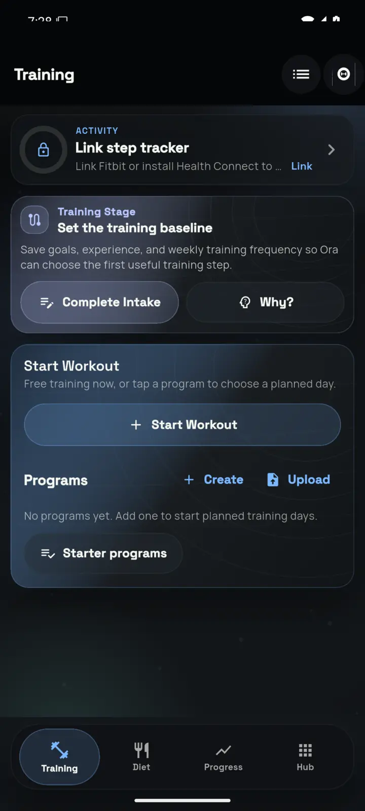 Ora training screen showing sets, reps, load and effort being logged during a session.